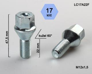 Kolový šroub M12x1,5x22mm, dosedací plocha kužel, klíč 17, pozink (Šroub na kola)