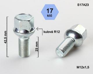 Kolový šroub M12x1,5x23mm, dosedací plocha koule R12, klíč 17, pozink (Šroub na kola)