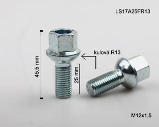 Kolový šroub M12x1,5x25mm dosedací plocha koule R13, klíč 17, stříbrný pozink (Šroub na kola)