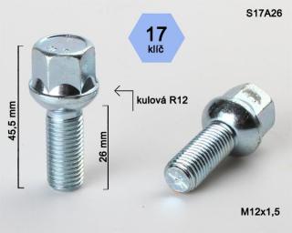 Kolový šroub M12x1,5x26mm dosedací plocha koule R12, klíč 17, pozink (Šroub na kola)