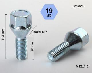 Kolový šroub M12x1,5x26mm, dosedací plocha kužel, klíč 19, pozink (Šroub na kola)