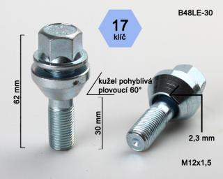 Kolový šroub M12x1,5x30mm, dosedací plocha plovoucí kužel, klíč 17, pozink (Šroub na kola)