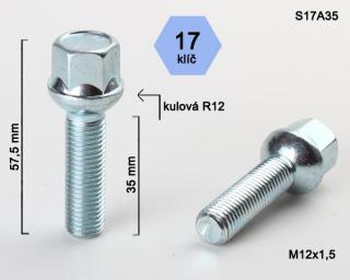 Kolový šroub M12x1,5x35mm, dosedací plocha koule R12, klíč 17, pozink (Šroub na kola)