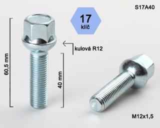 Kolový šroub M12x1,5x40 mm, dosedací plocha koule R12, klíč 17, pozink (Šroub na kola)
