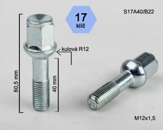 Kolový šroub M12x1,5x40mm dosedací plocha koule R12, klíč 17, pozink (Šroub na kola)