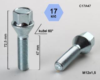 Kolový šroub M12x1,5x47mm, dosedací plocha kužel, klíč 17, pozink (Šroub na kola)