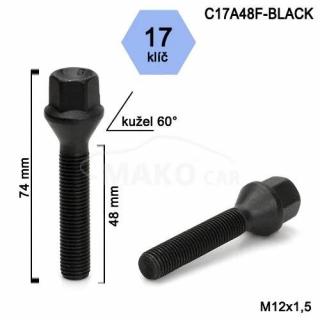 Kolový šroub M12x1,5x48mm, dosedací plocha kužel, klíč 17, černý (Šroub na kola)
