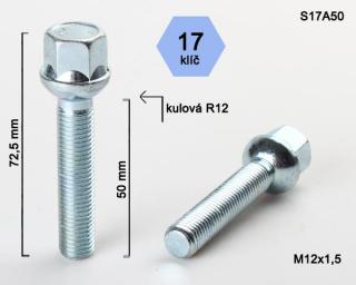 Kolový šroub M12x1,5x50mm, dosedací plocha koule R12, klíč 17, pozink (Šroub na kola)