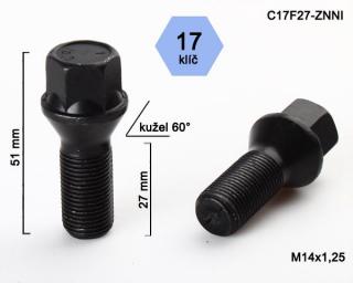 Kolový šroub M14x1,25x27mm, dosedací plocha kužel, klíč 17, černý pozink (Šroub na kola)