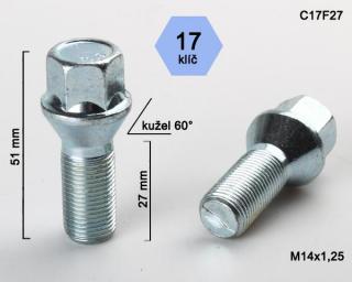 Kolový šroub M14x1,25x27mm, dosedací plocha kužel, klíč 17, pozink (Šroub na kola)
