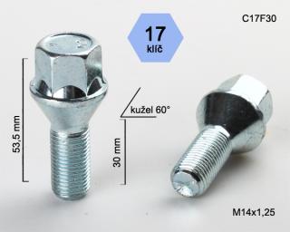 Kolový šroub M14x1,25x30mm, dosedací plocha kužel, klíč 17, pozink (Šroub na kola)