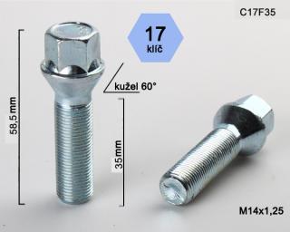 Kolový šroub M14x1,25x35mm, dosedací plocha kužel, klíč 17, pozink (Šroub na kola)