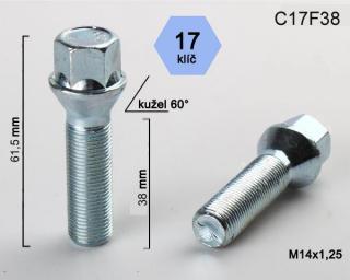 Kolový šroub M14x1,25x38mm, dosedací plocha kužel, klíč 17, pozink (Šroub na kola)