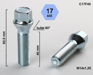 Kolový šroub M14x1,25x40mm, dosedací plocha kužel, klíč 17, pozink (Šroub na kola)