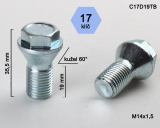 Kolový šroub M14x1,5x19mm, kužel 60° s krátkou hlavou, klíč 17, pozink (Kolový šroub s krátkou hlavou)
