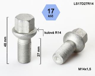 Kolový šroub M14x1,5x27mm, dosedací plocha koule R14, klíč 17, pozink (Šroub na kola)