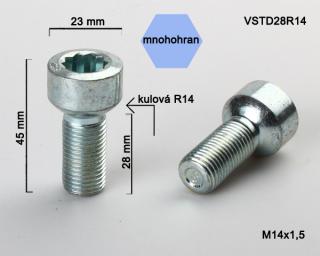 Kolový šroub M14x1,5x28 koule R14 s vnitřním mnohohranem, průměr hl. 23, pozink (Šroub na kola)