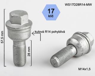 Kolový šroub M14x1,5x28mm, dosedací plocha koule R14 pohyblivá, klíč 17, pozink (Šroub na kola)