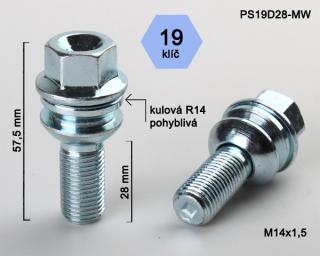 Kolový šroub M14x1,5x28mm, dosedací plocha koule R14 pohyblivá, klíč 19, pozink (Šroub na kola)