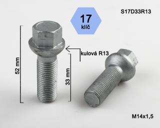 Kolový šroub M14x1,5x33mm, dosedací plocha koule R13, klíč 17, pozink (Šroub na kola)