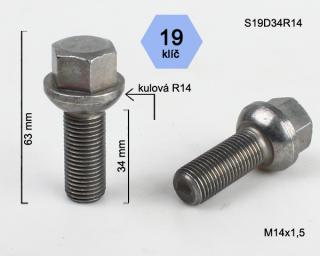 Kolový šroub M14x1,5x34mm, dosedací plocha koule R14, klíč 19, pozink (Šroub na kola)
