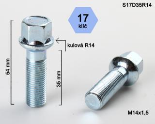 Kolový šroub M14x1,5x35mm, dosedací plocha koule R14, klíč 17, pozink (Šroub na kola)