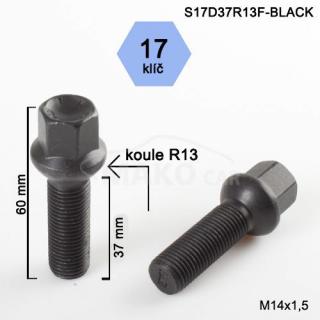 Kolový šroub M14x1,5x37mm, dosedací plocha koule R13, klíč 17, černý pozink (Šroub na kola)