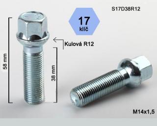Kolový šroub M14x1,5x38mm dosedací plocha koule R12, klíč 17, pozink (Šroub na kola)