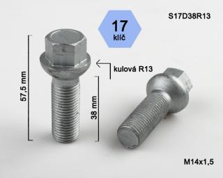 Kolový šroub M14x1,5x38mm, dosedací plocha koule R13, klíč 17, pozink (Šroub na kola)