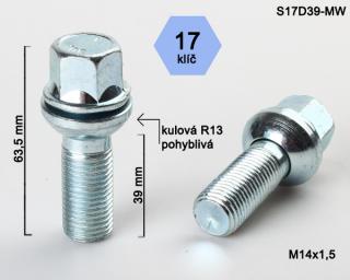 Kolový šroub M14x1,5x39mm, dosedací plocha koule R13 pohyblivá, klíč 17, pozink (Šroub na kola)