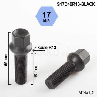 Kolový šroub M14x1,5x40mm, dosedací plocha koule R13, klíč 17, černý pozink (Šroub na kola)