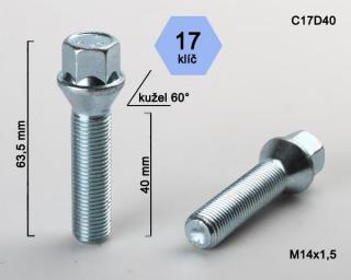 Kolový šroub M14x1,5x40mm, dosedací plocha kužel, klíč 17, pozink (Šroub na kola)