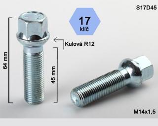 Kolový šroub M14x1,5x45mm, dosedací plocha koule R12, klíč 17, pozink (Šroub na kola)