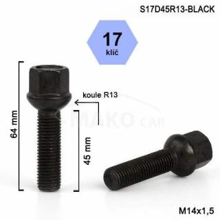 Kolový šroub M14x1,5x45mm, dosedací plocha koule R13, klíč 17, barva černá (Šroub na kola)