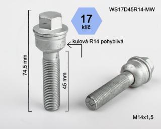 Kolový šroub M14x1,5x45mm, dosedací plocha koule R14 pohyblivá, klíč 17, pozink (Šroub na kola)