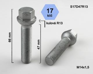 Kolový šroub M14x1,5x47mm, dosedací plocha koule R13, klíč 17, pozink (Šroub na kola, PDK-S17D47R13G)