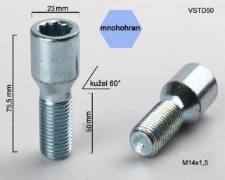 Kolový šroub M14x1,5x50, kužel s vnitřním mnohohranem, průměr hlavy 23, pozink (Šroub na kola)