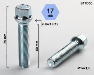 Kolový šroub M14x1,5x50mm, dosedací plocha koule R12, klíč 17, pozink (Šroub na kola)