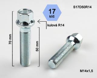 Kolový šroub M14x1,5x50mm, dosedací plocha koule R14, klíč 17, pozink (Šroub na kola)