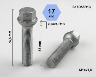 Kolový šroub M14x1,5x55mm, dosedací plocha koule R13, klíč 17, pozink (Šroub na kola)