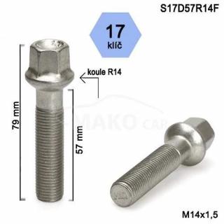 Kolový šroub M14x1,5x57mm, dosedací plocha koule R14, klíč 17, pozink (Šroub na kola)