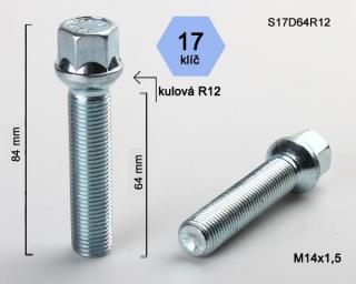 Kolový šroub M14x1,5x64mm dosedací plocha koule R12, klíč 17, pozink (Šroub na kola)