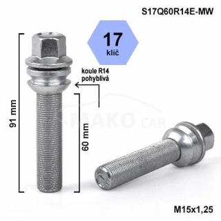 Kolový šroub M15x1,25x60 kulová R14 pohyblivá, klíč 17 (Šroub na kola)