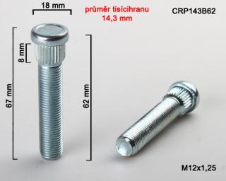 Kolový Svorník M12x1,25x62mm, průměr tisicíhranu 14,3mm  (Kolový šteft)