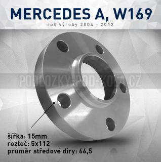Rozšiř. podložka Mercedes A W169, šíře 15mm, rozteč 5x112, střed 66,5 - průchozí, 1ks (Rozšiřovací podložka pro vozy Mercedes A, W169 - r.v.04-12)