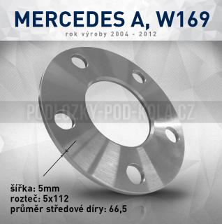 Rozšiř. podložka Mercedes A W169, šíře 5mm, rozteč 5x112, střed 66,5 - průchozí, 1ks (Rozšiřovací podložka pro vozy Mercedes A, W169 - r.v.04-12)