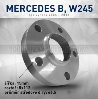 Rozšiř. podložka Mercedes B W245, šíře 15mm, rozteč 5x112, střed 66,5 - průchozí, 1ks (Rozšiřovací podložka pro vozy Mercedes B, W245 - r.v.05-11)