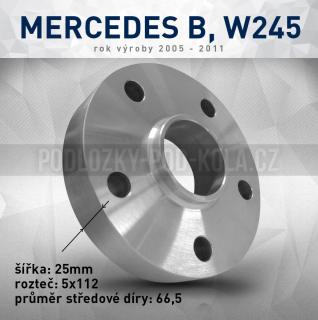 Rozšiř. podložka Mercedes B W245, šíře 25mm, rozteč 5x112, střed 66,5 - průchozí, 1ks (Rozšiřovací podložka pro vozy Mercedes B, W245 - r.v.05-11)