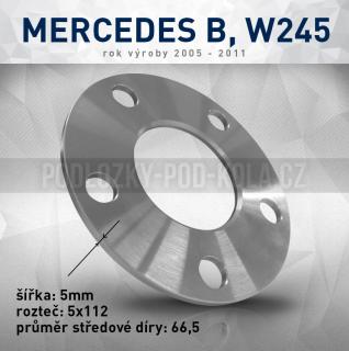 Rozšiř. podložka Mercedes B W245, šíře 5mm, rozteč 5x112, střed 66,5 - průchozí, 1ks (Rozšiřovací podložka pro vozy Mercedes B, W245 - r.v.05-11)