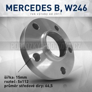 Rozšiř. podložka Mercedes B W246, šíře 15mm, rozteč 5x112, střed 66,5 - průchozí, 1ks (Rozšiřovací podložka pro vozy Mercedes B, W246 - r.v.11->)